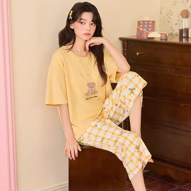 100% cotton pajamas women's short-sleeved cropped pants Korean summer New loose casual student home wear suit thin