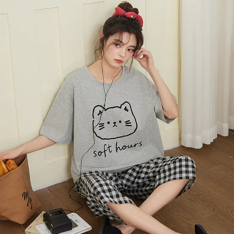 100% cotton pajamas women's short-sleeved cropped pants Korean summer New loose casual student home wear suit thin