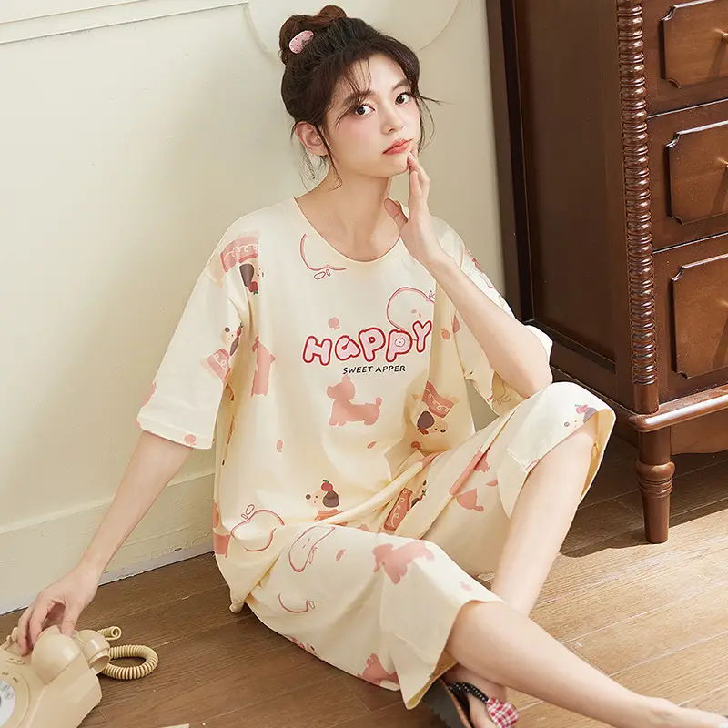 100% cotton pajamas women's short-sleeved cropped pants Korean summer New loose casual student home wear suit thin