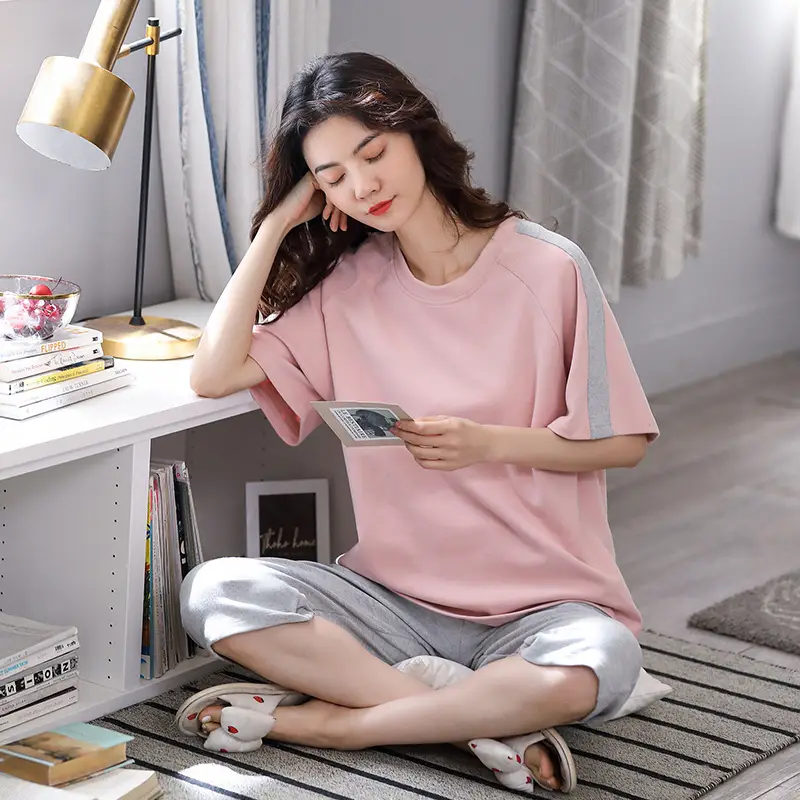 100% cotton pajamas women's short-sleeved cropped pants Korean summer New loose casual student home wear suit thin