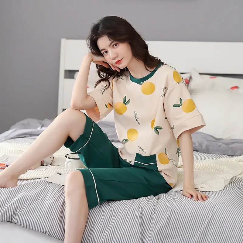 100% cotton pajamas women's short-sleeved cropped pants Korean summer New loose casual student home wear suit thin
