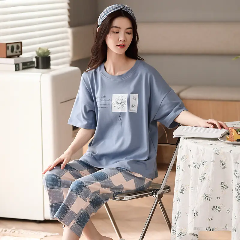 100% cotton pajamas women's short-sleeved cropped pants Korean summer New loose casual student home wear suit thin