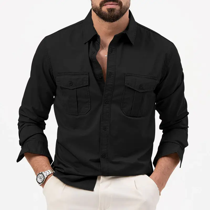 Men Olive Green Button Down Shirt with Multi-Flap Pockets - Image 8