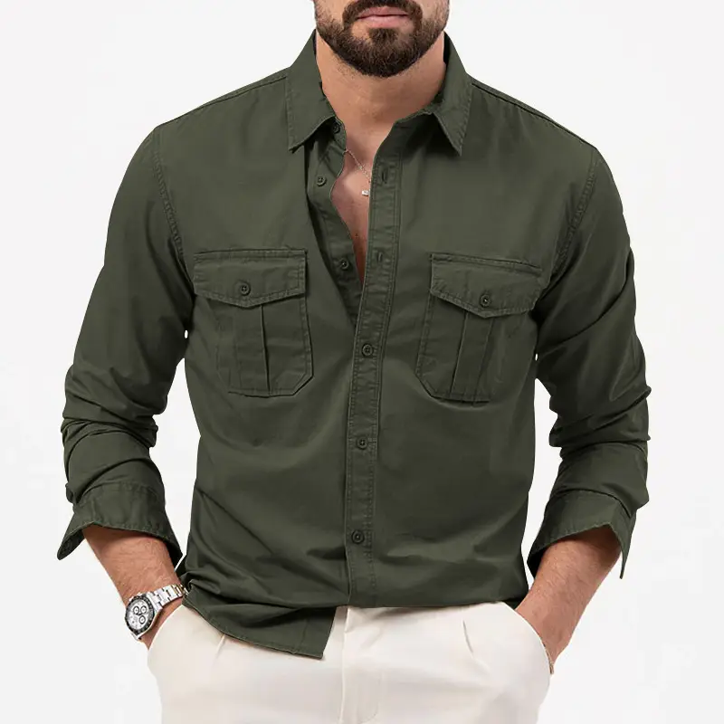 Men Olive Green Button Down Shirt with Multi-Flap Pockets - Image 9