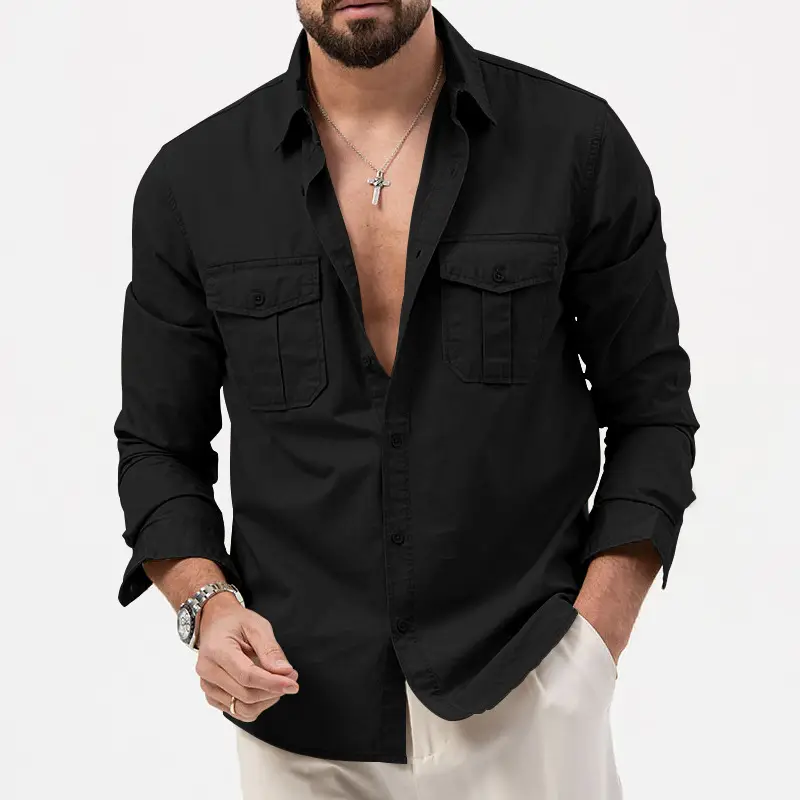 Men Olive Green Button Down Shirt with Multi-Flap Pockets — feature 11