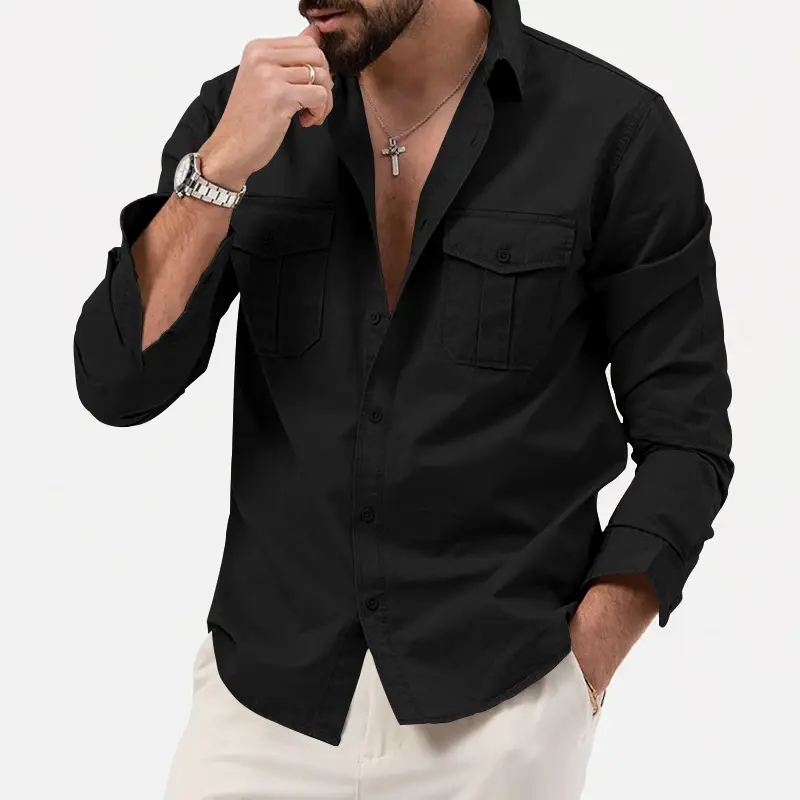 Men Olive Green Button Down Shirt with Multi-Flap Pockets — feature 12