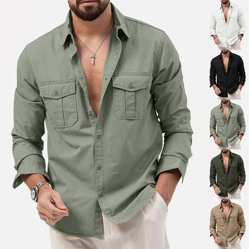 Men Olive Green Button Down Shirt with Multi-Flap Pockets — feature 15