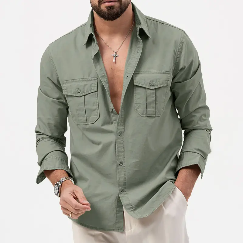 Men Olive Green Button Down Shirt with Multi-Flap Pockets — feature 17