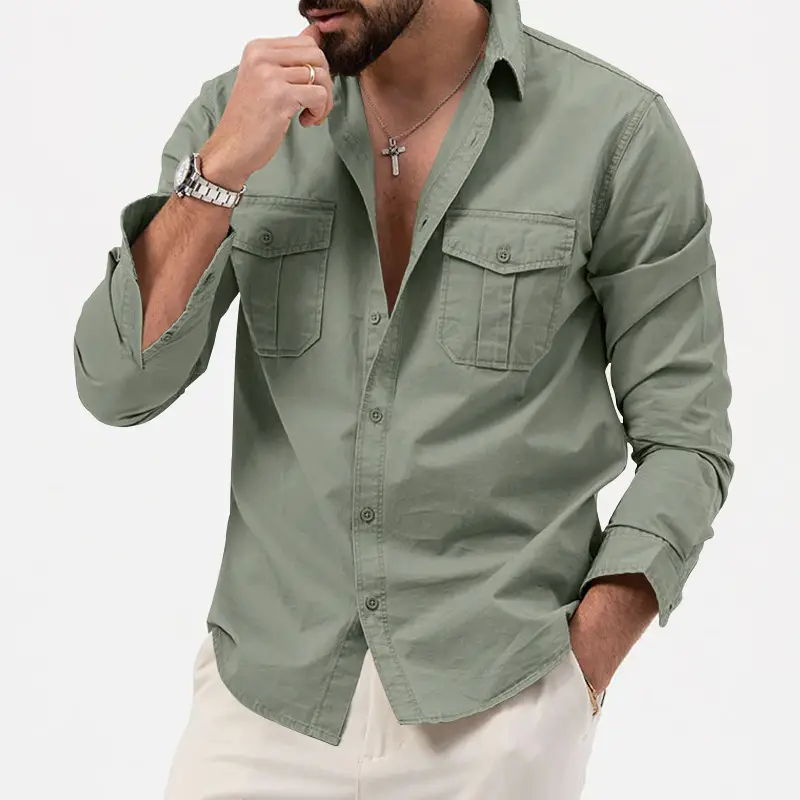 Men Olive Green Button Down Shirt with Multi-Flap Pockets — feature 18