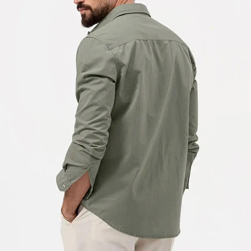 Men Olive Green Button Down Shirt with Multi-Flap Pockets — feature 19