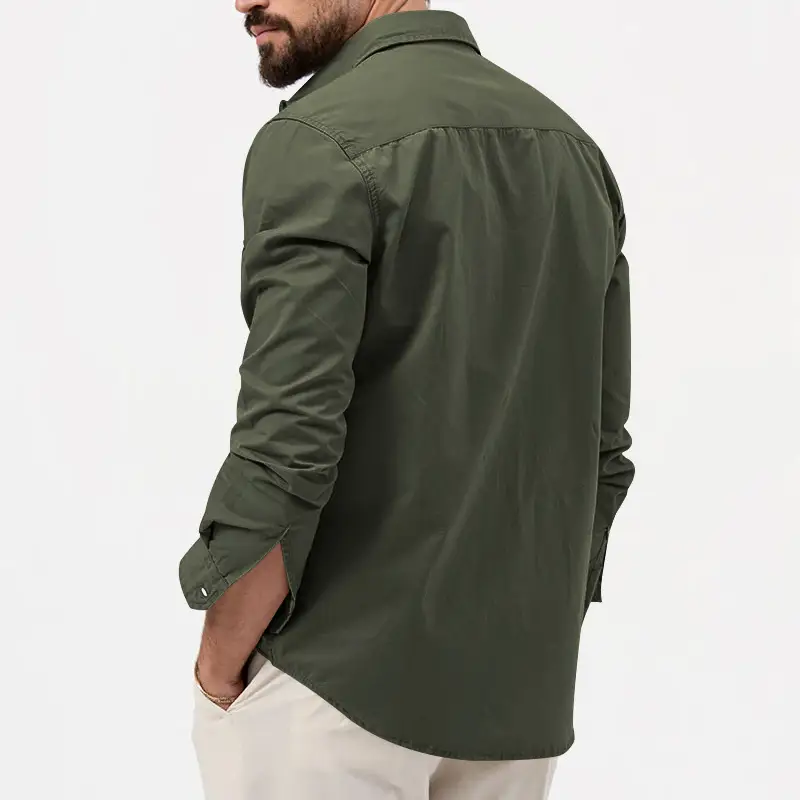 Men Olive Green Button Down Shirt with Multi-Flap Pockets — feature 25