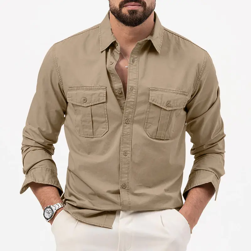 Men Olive Green Button Down Shirt with Multi-Flap Pockets — feature 28