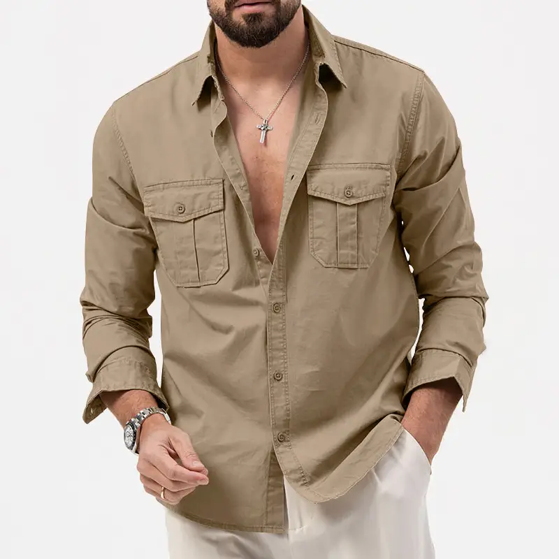 Men Olive Green Button Down Shirt with Multi-Flap Pockets — feature 29