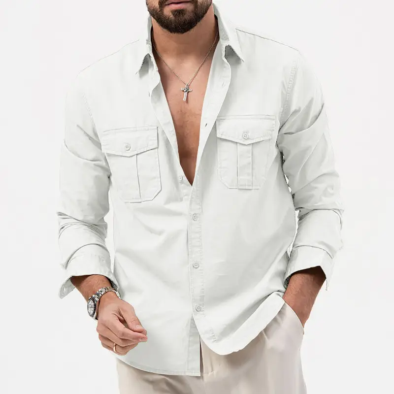 Men Olive Green Button Down Shirt with Multi-Flap Pockets — feature 5