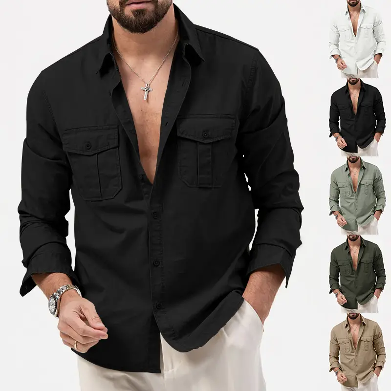 Men Olive Green Button Down Shirt with Multi-Flap Pockets — feature 9