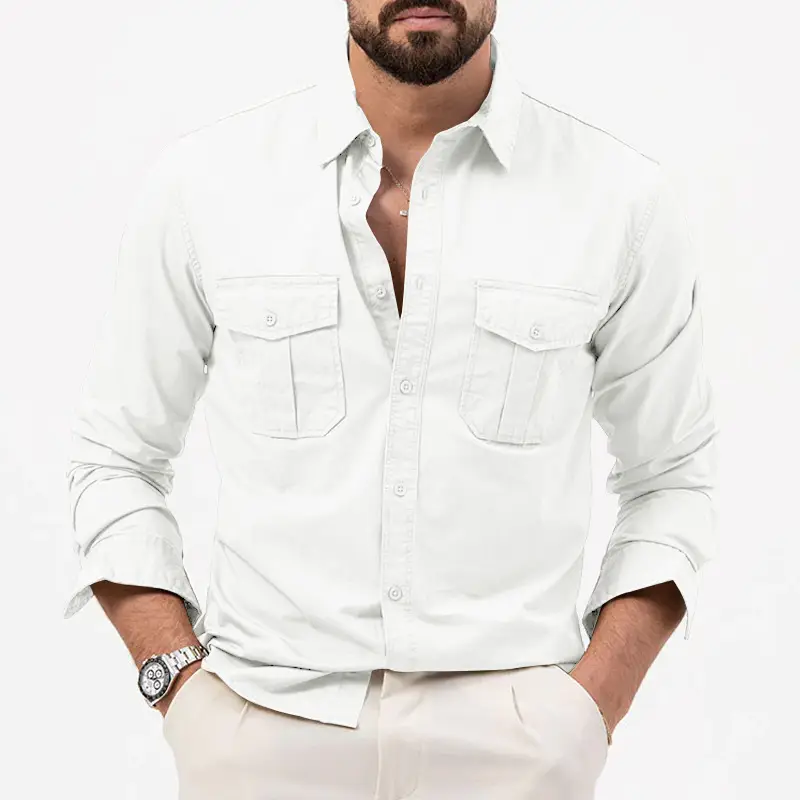 Men Olive Green Button Down Shirt with Multi-Flap Pockets - Image 5