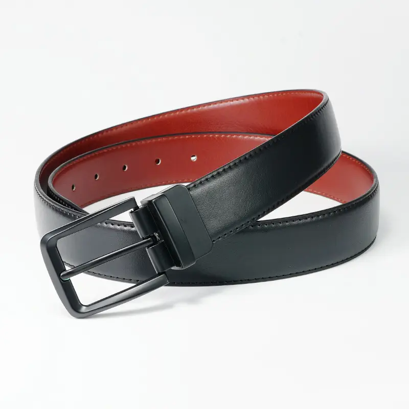 Men's Red Leather Belt with Black Buckle