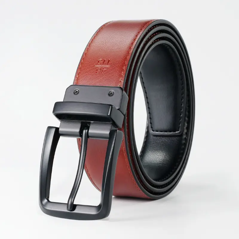 Men's Red Leather Belt with Black Buckle