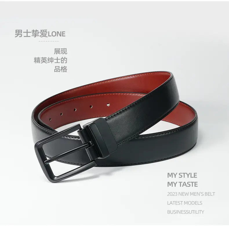Men's Red Leather Belt with Black Buckle — feature 6