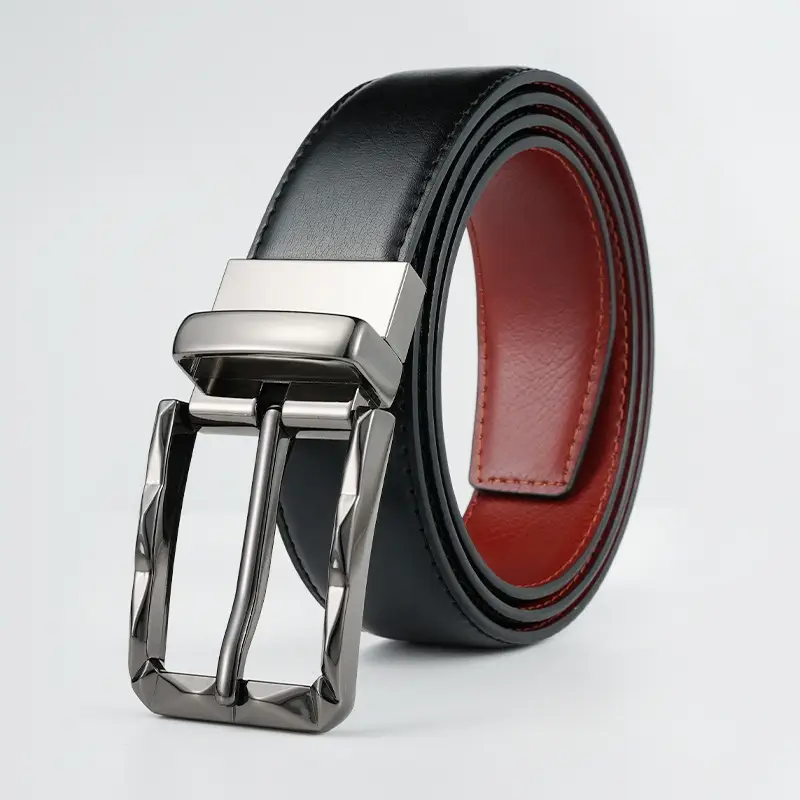 Men's Rotatable Pin Buckle Belt Black Red Leather - Image 2