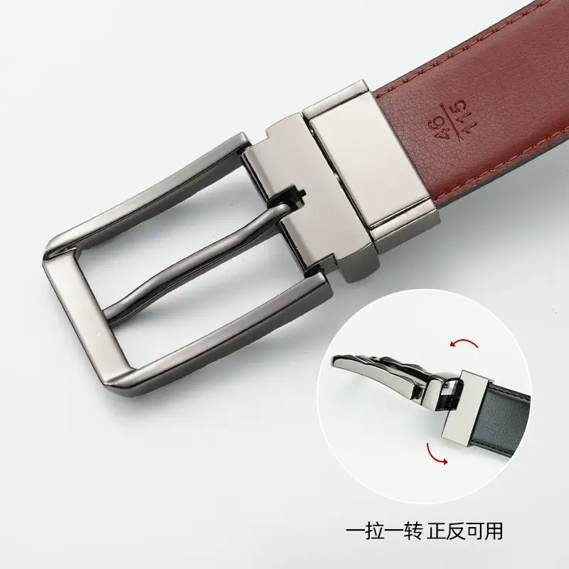 Men's Rotatable Pin Buckle Belt Black Red Leather - Image 3
