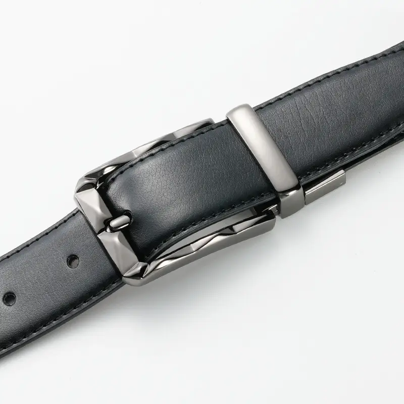 Men's Rotatable Pin Buckle Belt Black Red Leather - Image 4