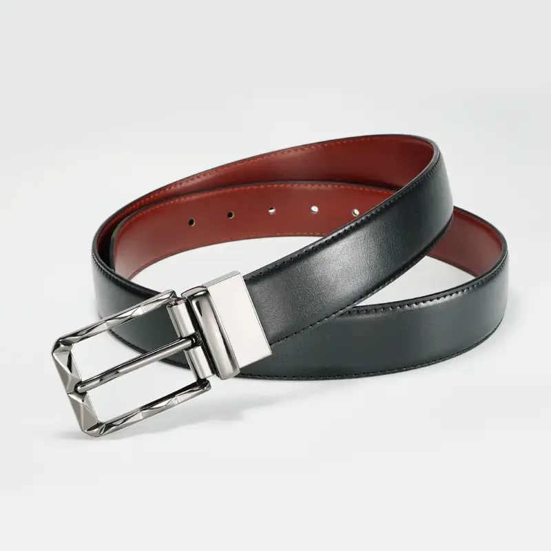 Men's Rotatable Pin Buckle Belt Black Red Leather - Image 5