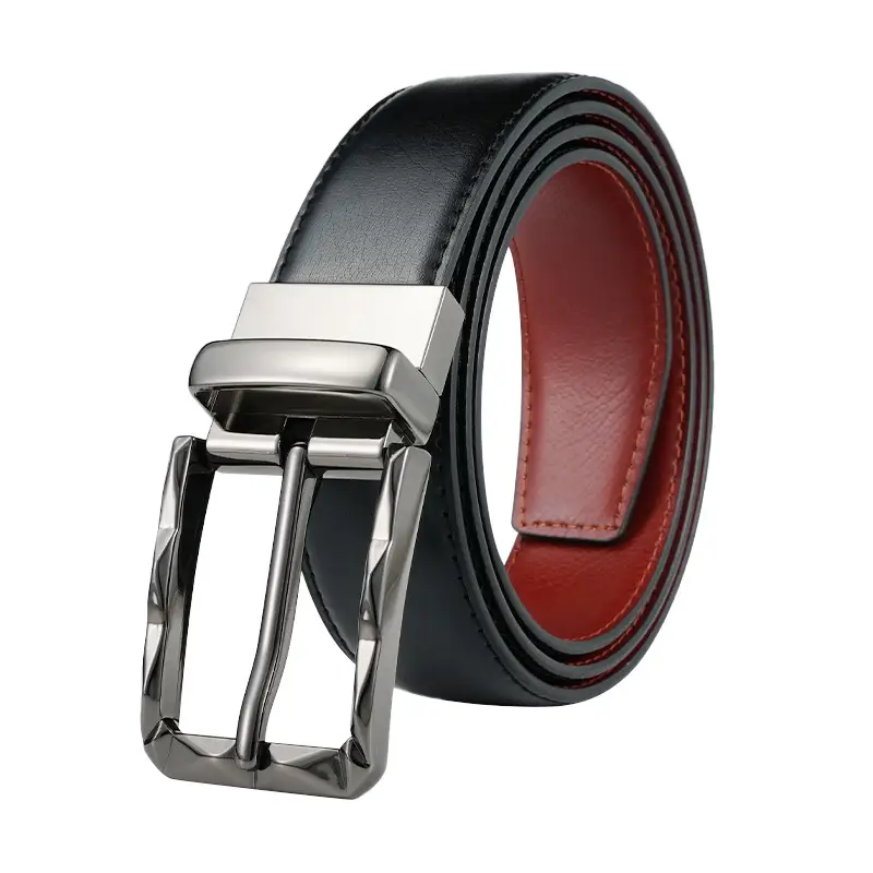 Men's Rotatable Pin Buckle Belt Black Red Leather - Image 6