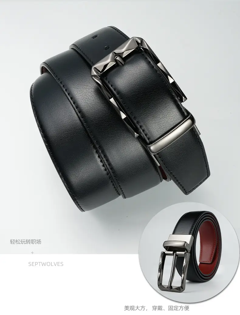 Men's Rotatable Pin Buckle Belt Black Red Leather — feature 5