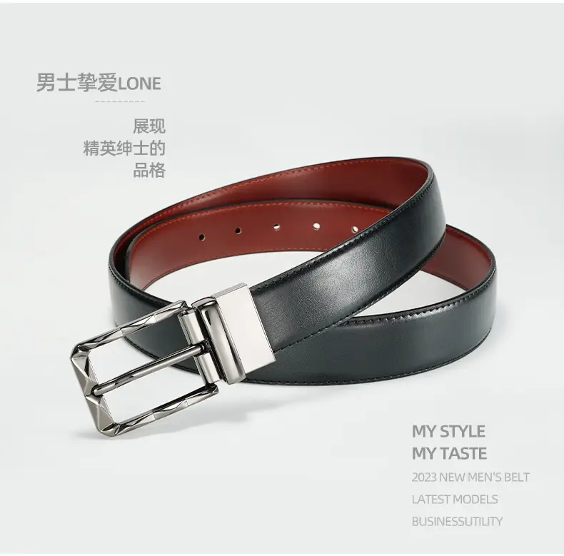 Men's Rotatable Pin Buckle Belt Black Red Leather — feature 6