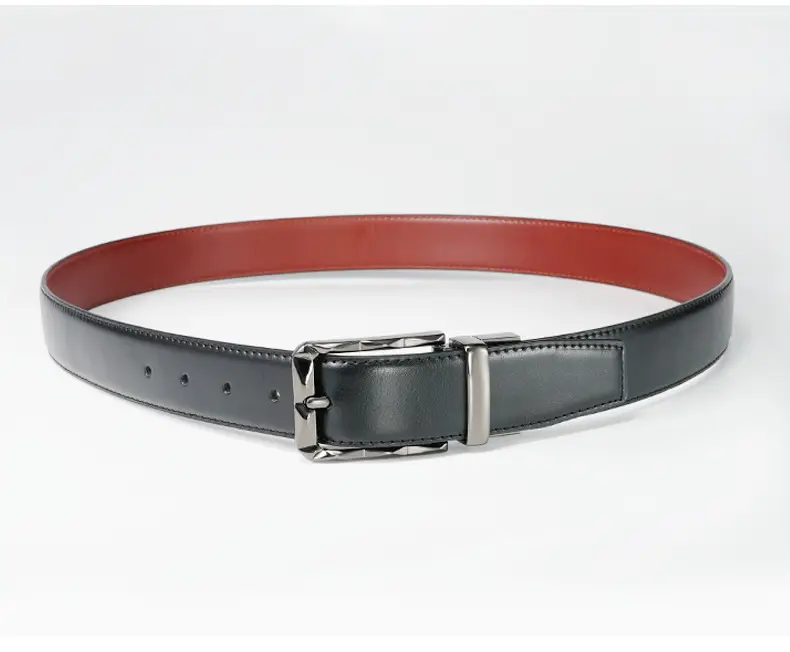 Men's Rotatable Pin Buckle Belt Black Red Leather — feature 8