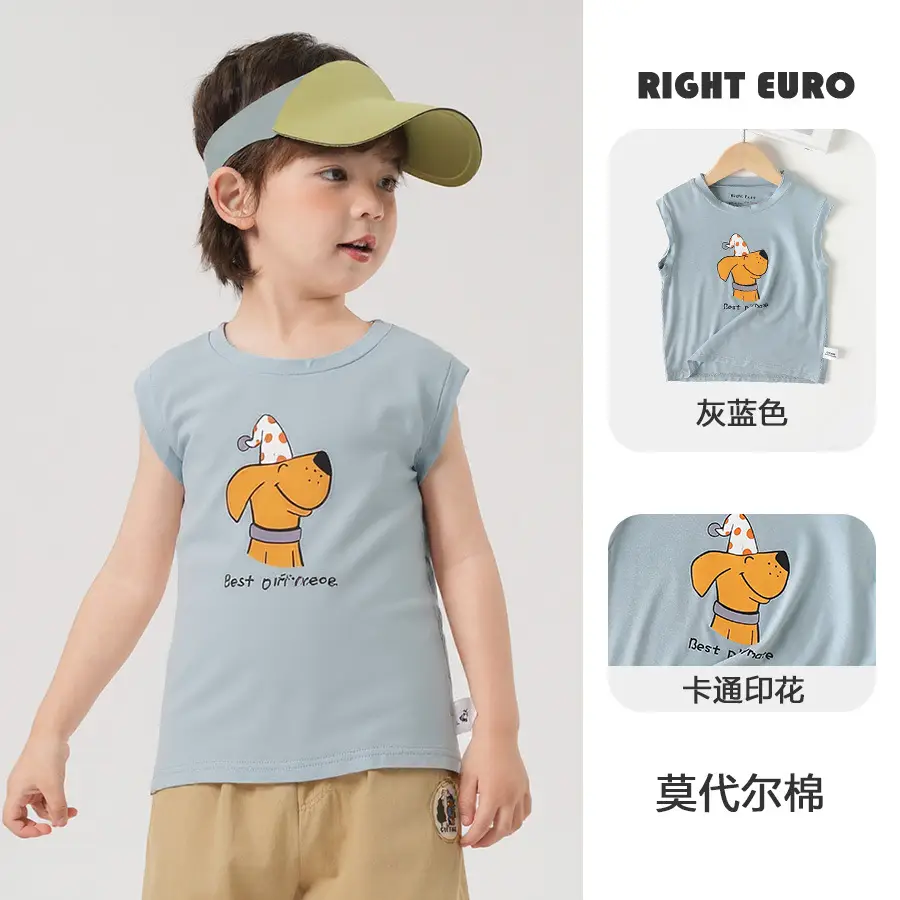 Boys' Sleeveless T-Shirt Light Blue Cartoon Print - Image 2