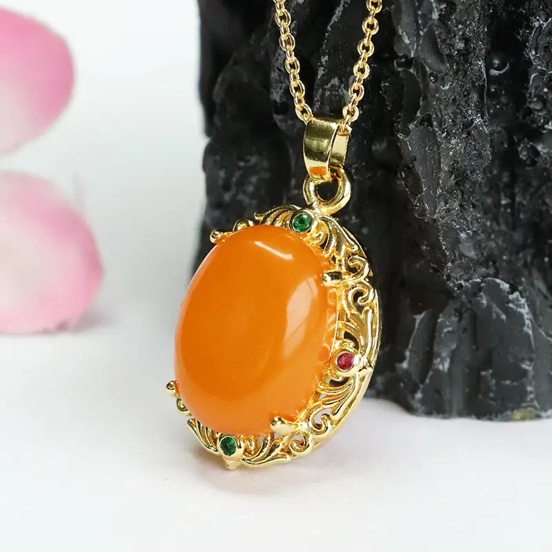 Natural Amber Pendant Necklace Gold Plated Old Beeswax - Image 3