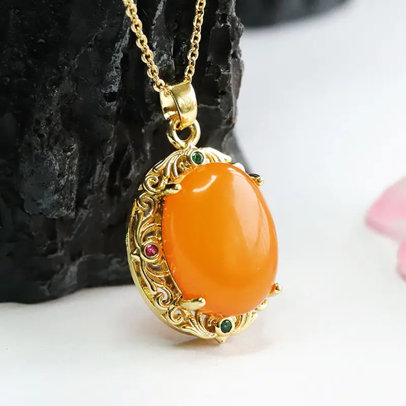 Natural Amber Pendant Necklace Gold Plated Old Beeswax - Image 4