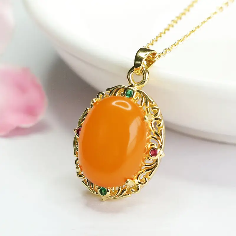 Natural Amber Pendant Necklace Gold Plated Old Beeswax - Image 5