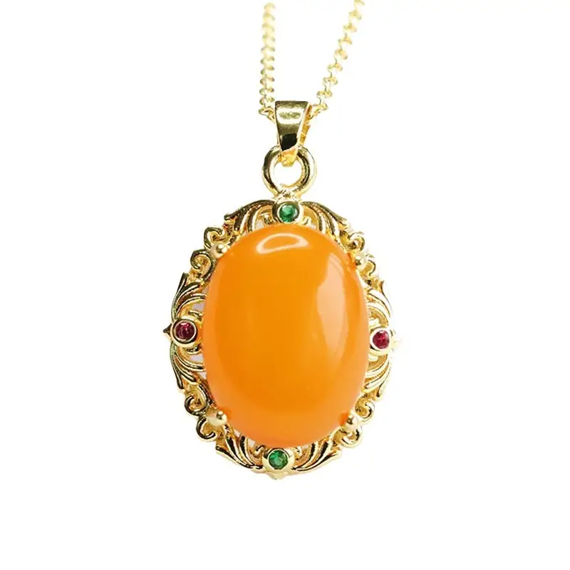 Natural Amber Pendant Necklace Gold Plated Old Beeswax - Image 6