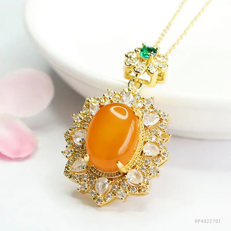 Natural Amber Pendant Necklace with Honey Wax Design