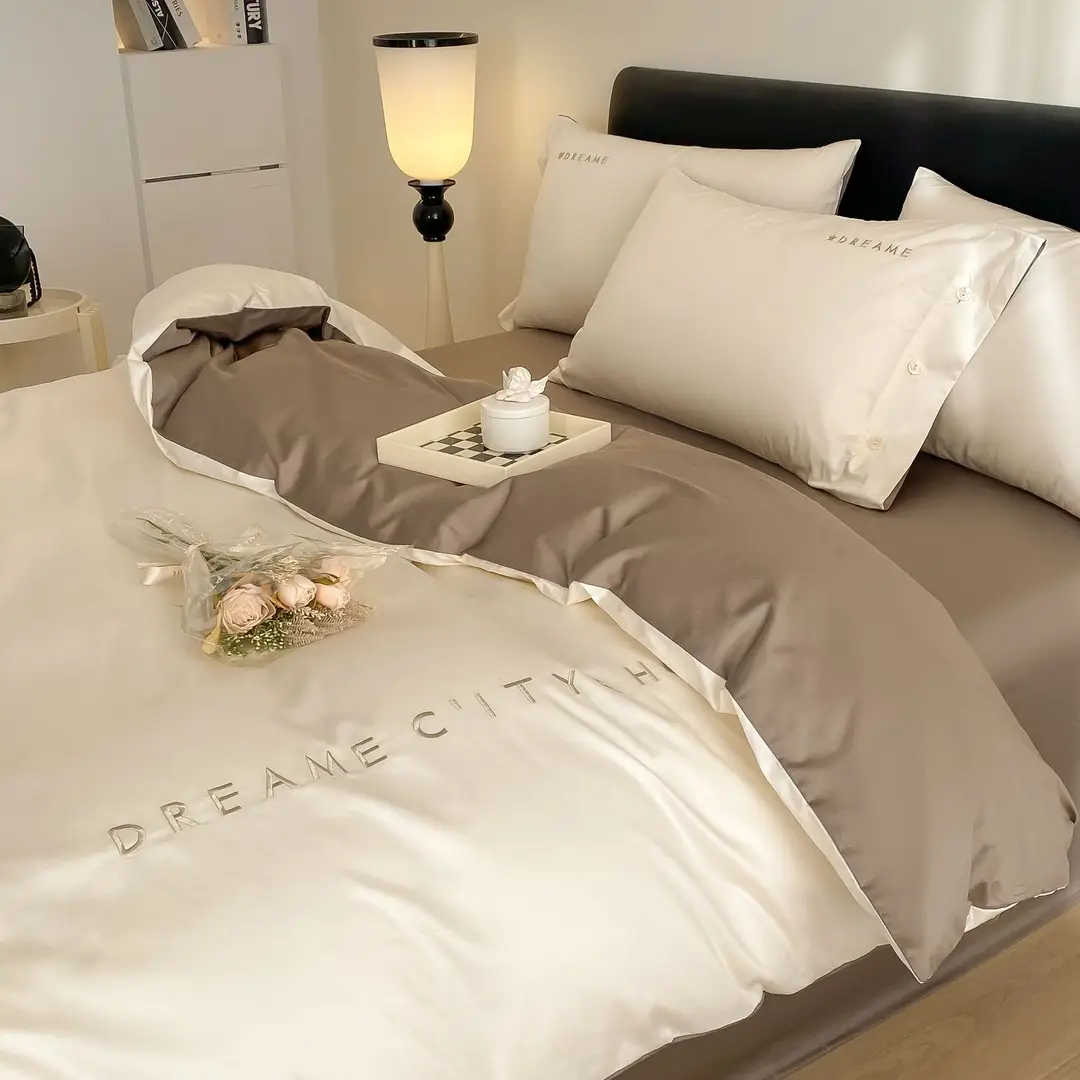 Luxury 60S Long-Staple Cotton Bedding Four-Piece Set, Pure Cotton Embroidered Style, Bed Sheet, Duvet Cover, Fitted Sheet, Nantong Home Textiles