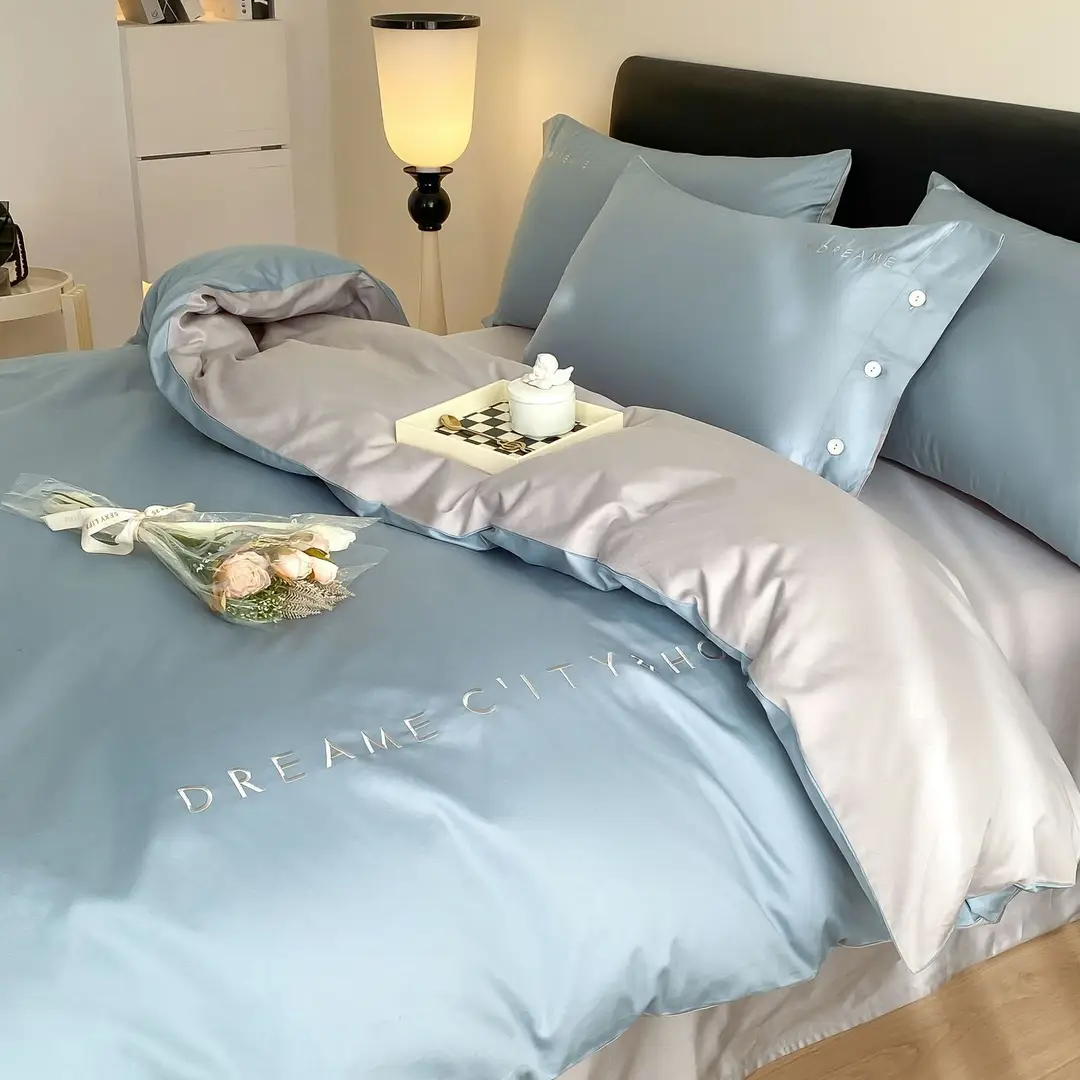 Luxury 60S Long-Staple Cotton Bedding Four-Piece Set, Pure Cotton Embroidered Style, Bed Sheet, Duvet Cover, Fitted Sheet, Nantong Home Textiles