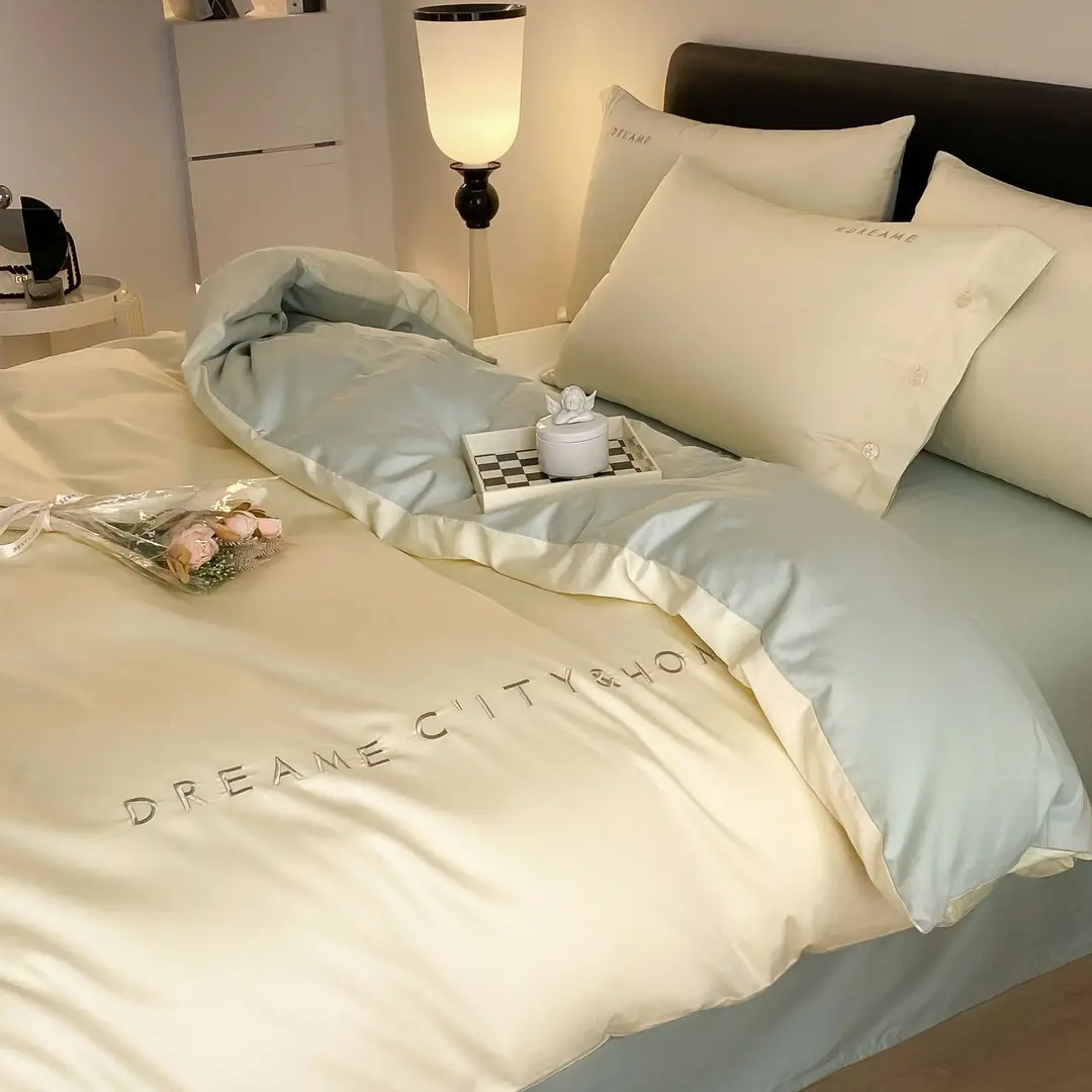 Luxury 60S Long-Staple Cotton Bedding Four-Piece Set, Pure Cotton Embroidered Style, Bed Sheet, Duvet Cover, Fitted Sheet, Nantong Home Textiles