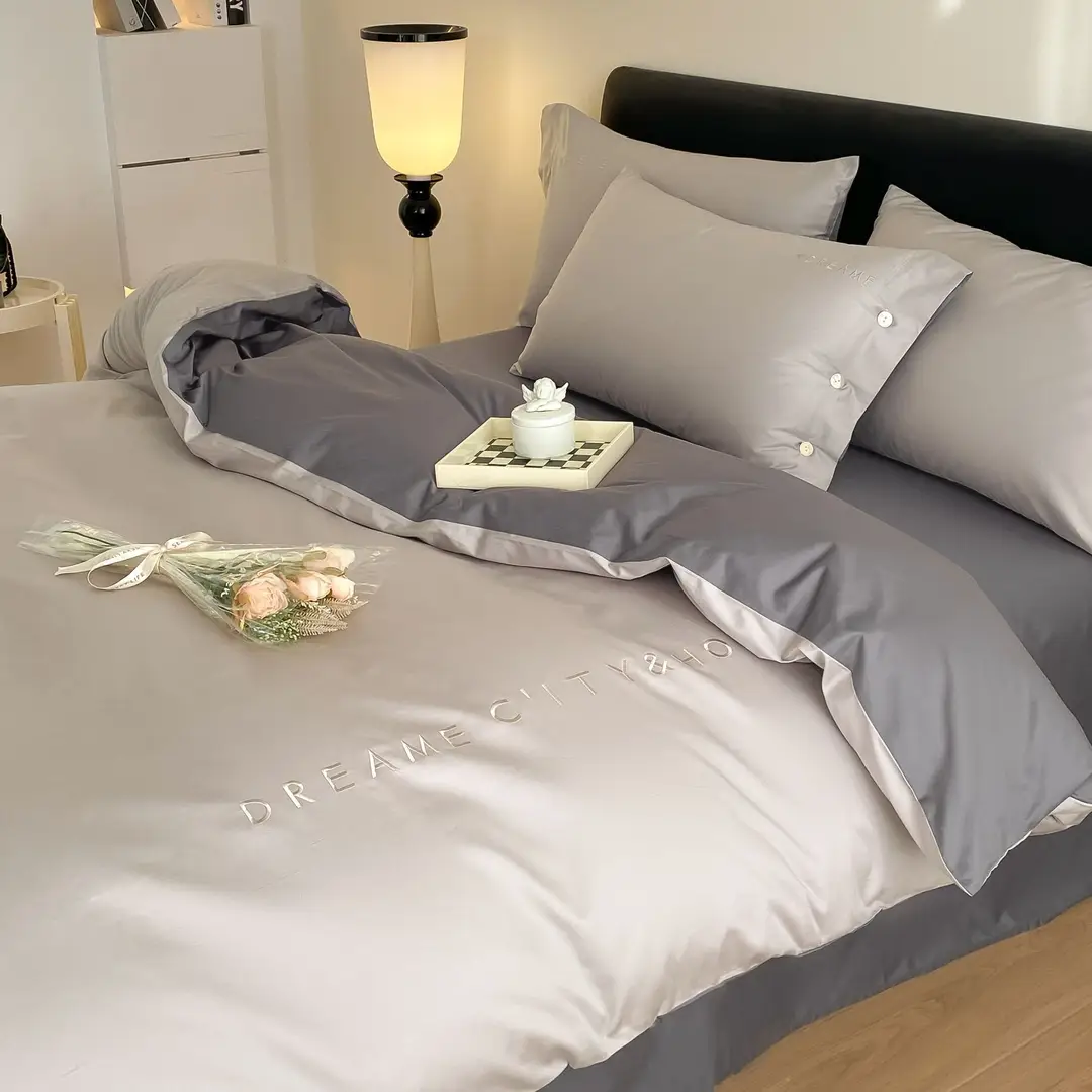Luxury 60S Long-Staple Cotton Bedding Four-Piece Set, Pure Cotton Embroidered Style, Bed Sheet, Duvet Cover, Fitted Sheet, Nantong Home Textiles