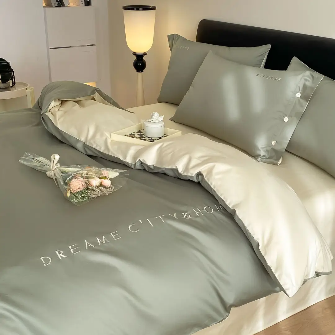 Luxury 60S Long-Staple Cotton Bedding Four-Piece Set, Pure Cotton Embroidered Style, Bed Sheet, Duvet Cover, Fitted Sheet, Nantong Home Textiles