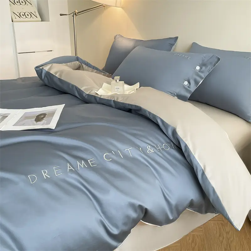 Luxury 60S Long-Staple Cotton Bedding Four-Piece Set, Pure Cotton Embroidered Style, Bed Sheet, Duvet Cover, Fitted Sheet, Nantong Home Textiles