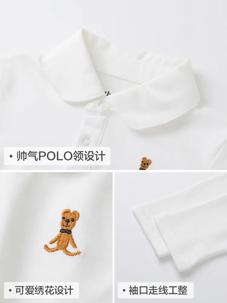 Boys' White Polo Shirt Long Sleeve Spring Autumn Kids