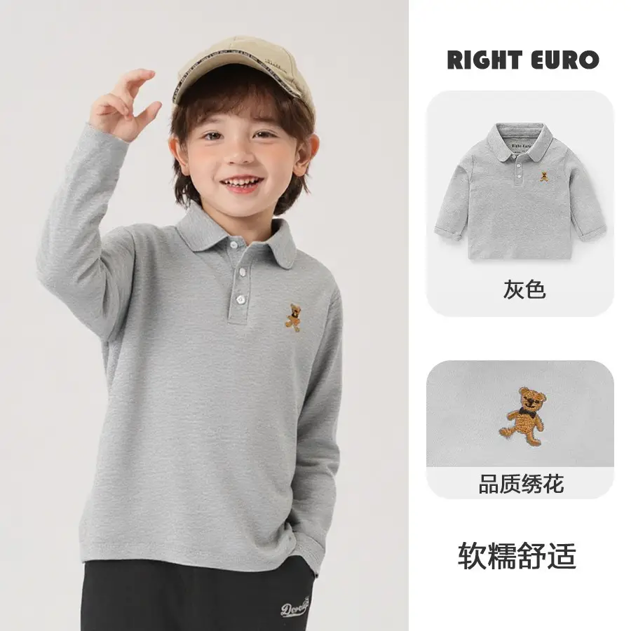 Boys' White Polo Shirt Long Sleeve Spring Autumn Kids