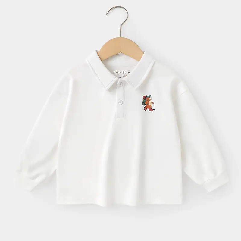 Boys' White Polo Shirt Long Sleeve Spring Autumn Kids