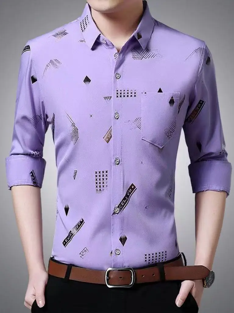 Men's Printed Long Sleeve Shirt Purple Slim Fit