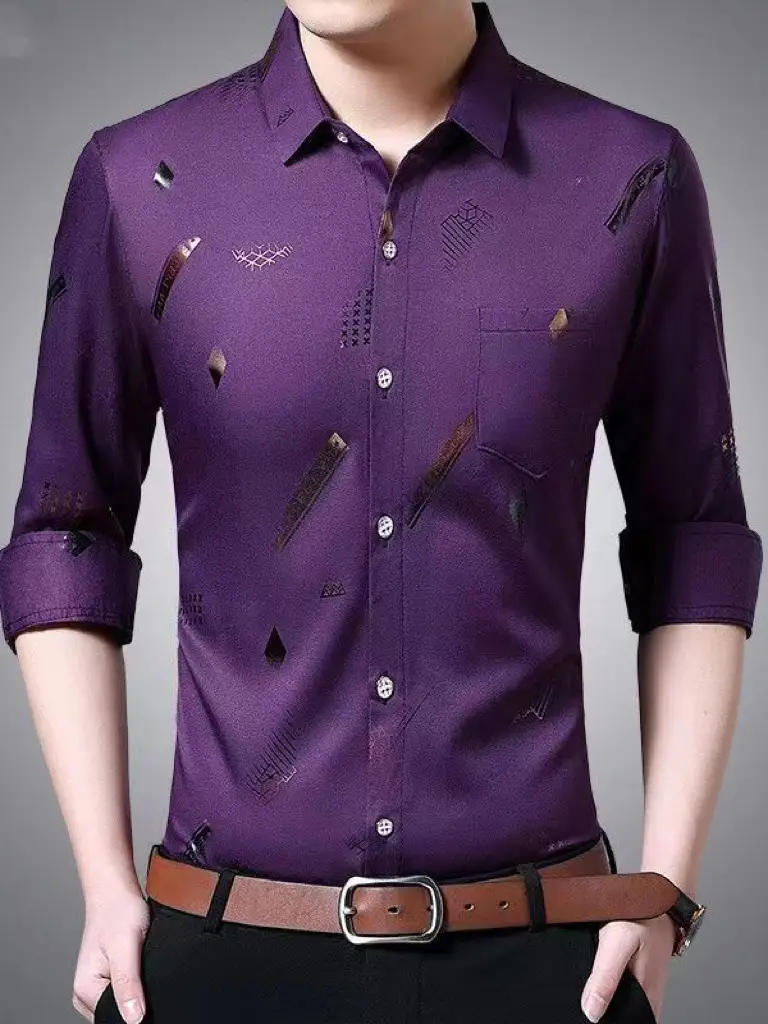 Men's Printed Long Sleeve Shirt Purple Slim Fit