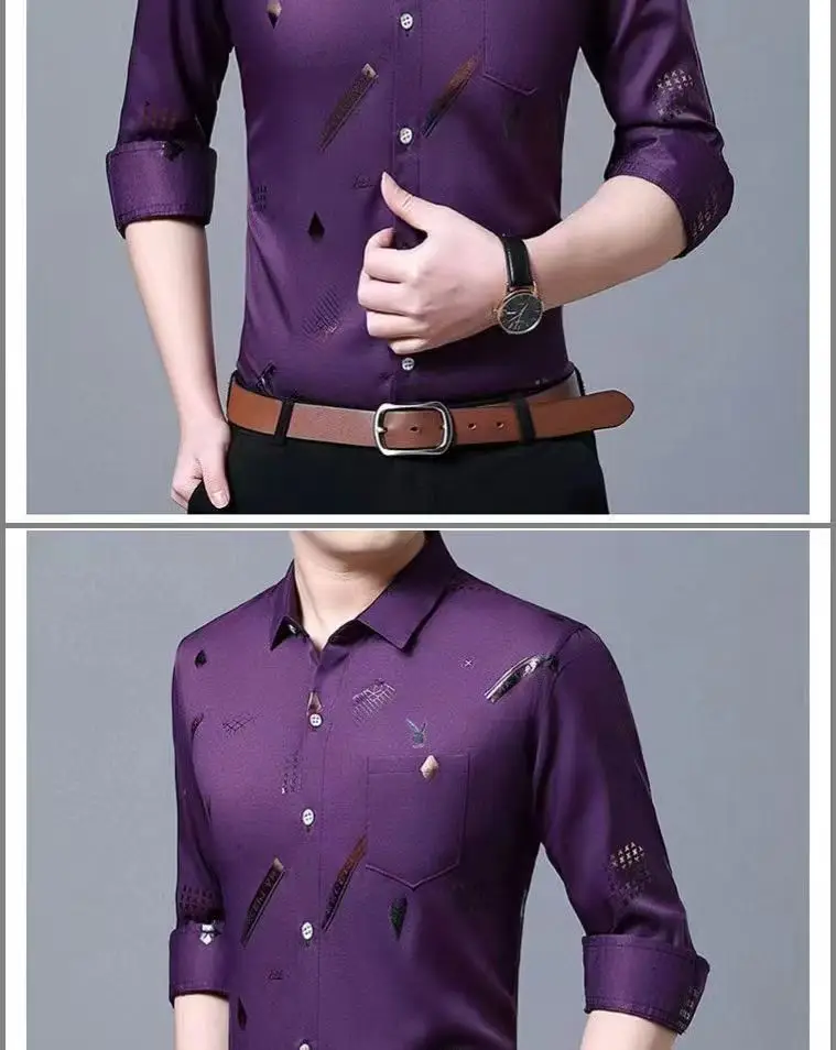 Men's Printed Long Sleeve Shirt Purple Slim Fit — feature 11