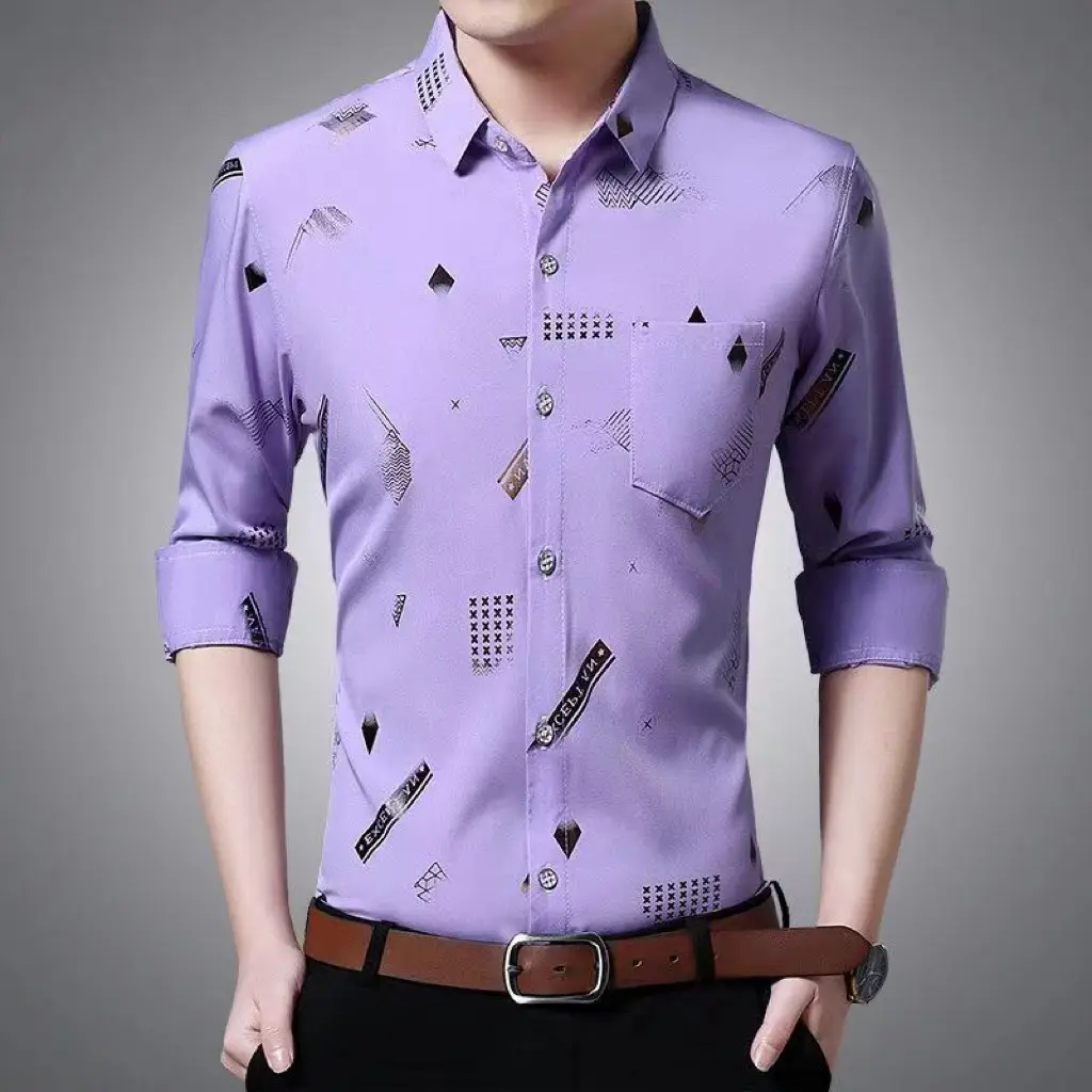 Men's Printed Long Sleeve Shirt Purple Slim Fit